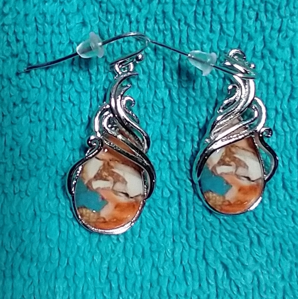 Elegant Silver and Orange blue white marble teardrop wire dangle Swirl E…